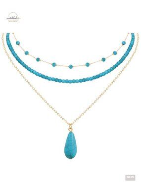 14K Gold Plated Turquoise Gemstone Beaded Choker Necklace Set Boho Western